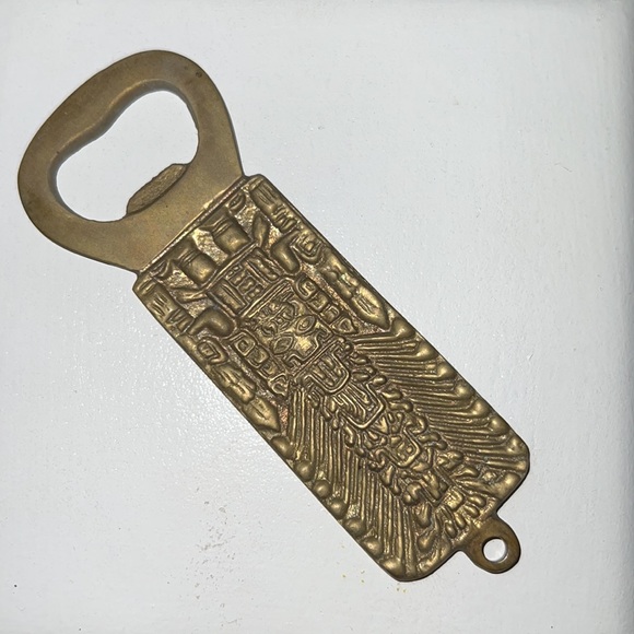 Vintage Brass Aztec Design Bottle Opener Beer Soda Barware - Picture 1 of 3